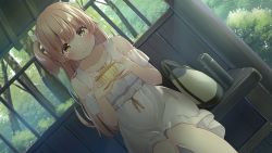 Rule 34 | 1girl, absurdres, bag, bare shoulders, bench, bento, blonde hair, blush, bow, collarbone, day, dress, dutch angle, forest, hair bow, hanabe (airutu0830 1), hands up, highres, holding, knees together feet apart, long hair, looking at viewer, lunchbox, nature, one side up, original, outdoors, ribbon, shade, sitting, smile, sundress, sunlight, thermostat, tree, white dress, yellow eyes
