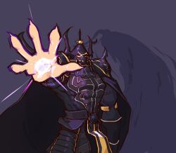 Rule 34 | 1boy, aiming, aiming at viewer, armor, black armor, black cape, cape, final fantasy, final fantasy iv, gauntlets, glowing, glowing eye, golbez, helmet, liveactors, looking at viewer, male focus, pauldrons, shoulder armor, simple background, solo
