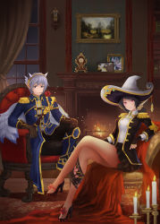 Rule 34 | 1boy, 1girl, black footwear, black gloves, blue footwear, brown gloves, candle, chair, clock, commission, curtains, dew (7302235), epaulettes, fire, fireplace, floral print, flower, flower in mouth, gloves, highres, horns, indoors, crossed legs, looking at viewer, mouth hold, painting (object), pink eyes, pointy ears, red carpet, rose, silver hair, sitting, smile, uniform, white headwear
