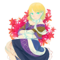Rule 34 | 1girl, aqua eyes, arm warmers, bare shoulders, blonde hair, colorful, empty eyes, expressionless, flower, kokorahen3o, looking at viewer, mizuhashi parsee, pointy ears, scarf, short hair, skirt, solo, touhou, white background