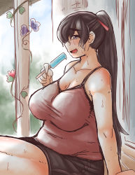 Rule 34 | 1girl, :d, black hair, blue eyes, blush, breasts, brown hair, camisole, cleavage, collarbone, cookie (touhou), eyebrows, fat, flower, food, hakurei reimu, highres, huge breasts, kanna (cookie), long hair, looking at viewer, looking to the side, mature female, open mouth, original, plant, plump, ponytail, popsicle, sitting, skirt, smile, solo, sweat, thick eyebrows, thick thighs, thighs, tobatoinu, touhou, very long hair, vines