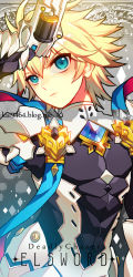 Rule 34 | 1boy, armor, blonde hair, blue eyes, brown hair, chung seiker, copyright name, deadly chaser (elsword), elsword, gloves, grey background, gun, male focus, multicolored hair, pika (kai9464), solo, streaked hair, symbol-shaped pupils, two-tone hair, watermark, weapon, web address