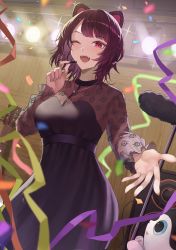 Rule 34 | 1girl, :d, ;d, absurdres, animal ears, black dress, blurry, blurry foreground, blush, breasts, cleavage, commentary, confetti, cowboy shot, diffraction spikes, dog ears, dog hair ornament, dress, earpiece, eyelashes, fangs, guitar, hair ornament, highres, instrument, inui toko, inui toko (5th costume), jewelry, looking at viewer, medium breasts, microphone, microphone stand, music, necklace, nijisanji, official alternate costume, one eye closed, open mouth, outstretched hand, purple eyes, purple hair, saba-kann (kannsaba), see-through, see-through cleavage, short hair, singing, smile, solo, speaker, stage lights, swept bangs, teeth, upper teeth only, virtual youtuber, wooden wall