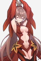 Rule 34 | 1girl, alt text, armpits, arms up, breasts, brown hair, center opening, closed eyes, cosplay, detached sleeves, feather hair ornament, feathers, guilty crown, hair between eyes, hair ornament, hairclip, highres, hololive, hololive english, long hair, m r b, medium breasts, multicolored hair, nanashi mumei, navel, ponytail, presenting armpit, simple background, smile, solo, streaked hair, thigh gap, very long hair, virtual youtuber, white background, white hair, yuzuriha inori, yuzuriha inori (cosplay)