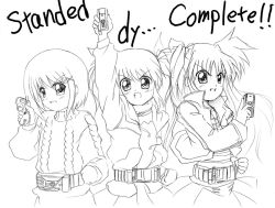 Rule 34 | 3girls, clenched hand, english text, engrish text, fate testarossa, greyscale, hair ornament, henshin, jacket, kamen rider, kamen rider 555, kamen rider delta, kamen rider faiz, kamen rider kaixa, lyrical nanoha, mahou shoujo lyrical nanoha, mahou shoujo lyrical nanoha a&#039;s, monochrome, multiple girls, open clothes, open jacket, parody, ranguage, takamachi nanoha, twintails, x hair ornament, yagami hayate