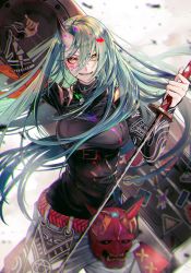 Rule 34 | absurdres, arknights, belt, black shirt, breasts, green hair, grey legwear, hair between eyes, highres, holding, holding weapon, horns, hoshiguma (arknights), hoshiguma (ronin huntress) (arknights), jewelry, katana, large breasts, long hair, long sleeves, looking at viewer, mask, necklace, official alternate costume, oni mask, open mouth, paint on clothes, paint splatter, paint splatter on face, rainbow gradient, shield, shirt, single horn, skin-covered horns, smile, solo, sticker, sword, tarutaru yamaoka, v-shaped eyebrows, weapon, white background, yellow eyes