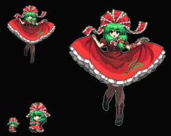 Rule 34 | 1girl, :/, :d, bad id, bad twitter id, black background, black footwear, boots, bow, brown pantyhose, chibi, closed mouth, commentary request, cross-laced footwear, dress, frilled dress, frills, front ponytail, full body, green eyes, green hair, hair bow, kagiyama hina, lace-up boots, long hair, looking at viewer, multiple views, namako daibakuhatsu, open mouth, pantyhose, pixel art, red bow, red dress, short sleeves, sidelocks, simple background, skirt hold, smile, touhou