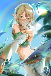 Rule 34 | 1boy, arabian clothes, arm behind back, armlet, bandeau, bare shoulders, blonde hair, blue eyes, blue sky, blurry, blush, circlet, closed mouth, collarbone, commentary, crossdressing, day, depth of field, detached sleeves, gem, gerudo set (zelda), glint, green pants, halterneck, harem pants, hmniao, jewelry, link, looking at viewer, male focus, midriff, mouth veil, navel, nintendo, official alternate costume, outdoors, outstretched arm, palm tree, pants, parted bangs, pointy ears, rainbow, sidelocks, sky, smile, solo, standing, stomach, sun, sunlight, symbol-only commentary, the legend of zelda, the legend of zelda: breath of the wild, trap, tree, veil, water drop