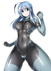 Rule 34 | 1girl, ahoge, aqua eyes, blue hair, bodysuit, breasts, covered erect nipples, covered navel, gloves, latex, long hair, medium breasts, ment, original, shiny clothes, simple background, skin tight, smile, solo, standing, toned, white background