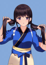 Rule 34 | 1girl, absurdres, apron, black hair, blue background, blue kimono, blush, brown apron, commentary request, hands up, highres, holding, holding hair, inoue takina, japanese clothes, kimono, long hair, low twintails, lycoris recoil, parted lips, purple eyes, short sleeves, simple background, solo, sylux, tasuki, twintails, very long hair, waist apron