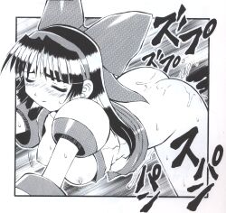 Rule 34 | 1boy, 1girl, ainu clothes, all fours, ass, bent over, black hair, blush, bottomless, breasts, breasts out, closed eyes, doggystyle, hetero, highres, hisashi kadota, large breasts, legs, long hair, monochrome, nakoruru, nipples, penis, pussy juice, samurai spirits, sex, sex from behind, snk, sweat, the king of fighters, thighs, traditional media, vaginal