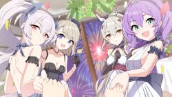 Rule 34 | 4girls, absurdres, aerial fireworks, alternate costume, arm garter, ayanami (azur lane), azur lane, backless dress, backless outfit, black gloves, blonde hair, breasts, cocktail dress, cowboy shot, cross, cross earrings, cross hair ornament, cross necklace, cup, dress, dutch angle, earrings, elbow gloves, fireworks, gloves, green eyes, grey hair, hair ornament, half gloves, headgear, highres, holding, holding cup, indoors, iron cross, javelin (azur lane), jewelry, laffey (azur lane), long hair, looking at viewer, medium hair, multiple girls, necklace, open mouth, orange eyes, ponytail, pov, pov hands, purple eyes, purple hair, red eyes, sideboob, sideless outfit, small breasts, sunebu (snake boo2), very long hair, white dress, z23 (azur lane)
