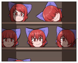Rule 34 | 1girl, blue bow, bow, commentary, cupboard, disembodied head, english commentary, glasses, hair bow, hair over eyes, hair over one eye, highres, mata (matasoup), multiple heads, multiple persona, red eyes, red hair, sekibanki, shadow, shelf, smile, sweatdrop, touhou