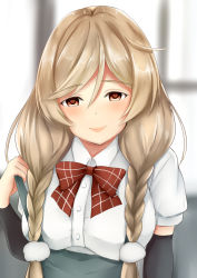 Rule 34 | 1girl, arm warmers, blush, bow, bowtie, braid, breasts, closed mouth, cloud hair ornament, collared shirt, gradient hair, grey skirt, hair between eyes, heart, heart-shaped pupils, highres, indoors, kantai collection, koru pera, large breasts, light brown hair, lips, long hair, minegumo (kancolle), multicolored hair, plaid, plaid bow, plaid bowtie, plaid neckwear, pleated skirt, red bow, red bowtie, red eyes, school uniform, shirt, short sleeves, skirt, solo, suspenders, symbol-shaped pupils, twin braids, white shirt, window