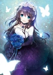 Rule 34 | 1girl, :d, akahito, animal print, bad id, bad pixiv id, black gloves, blue eyes, blue flower, blue rose, bouquet, brown hair, bug, butterfly, butterfly print, collar, dress, elbow gloves, flower, from above, gloves, hair between eyes, hair ribbon, hairband, highres, holding, holding bouquet, insect, jewelry, long dress, long hair, necklace, open mouth, print dress, ribbon, rose, side ponytail, smile, solo, strapless, strapless dress, tamasaka makoto, tokyo 7th sisters, very long hair, white ribbon