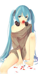 Rule 34 | 1girl, absurdres, barefoot, black ribbon, blue eyes, blue hair, dre, flower, flower in mouth, hair ribbon, hatsune miku, headphones, highres, long hair, looking at viewer, matching hair/eyes, off-shoulder shirt, off shoulder, ribbon, shirt, simple background, solo, sweater, twintails, very long hair, vocaloid, white background