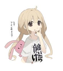 blonde_hair brown_eyes commentary cropped_torso futaba_anzu george_man highres idolmaster idolmaster_cinderella_girls long_hair looking_at_viewer low_twintails parted_lips shirt short_sleeves simple_background stuffed_animal stuffed_toy t-shirt translation_request twintails upper_body v white_background white_shirt you_work_you_lose