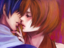 Rule 34 | 1boy, 1girl, bad id, bad pixiv id, blue hair, brown eyes, brown hair, couple, covered eyes, eyelashes, finger to another&#039;s mouth, finger to mouth, hetero, kaito (vocaloid), meiko (vocaloid), portrait, red background, short hair, suzunosuke (sagula), vocaloid