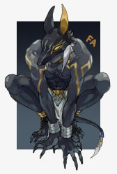 Rule 34 | 1boy, abuku, anklet, anubis (mythology), between legs, black skin, bodypaint, border, borrowed character, claws, closed mouth, colored skin, commentary request, covered eyes, cuffs, egyptian mythology, fingernails, full body, gradient background, grey background, grey hair, hand between legs, jewelry, male focus, mask, medium hair, outside border, pelvic curtain, shackles, sharp fingernails, solo, squatting, tail, toned, toned male, white border