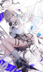 1girl absurdres angel_wings arcaea ass bandaid black_footwear black_gloves blue_eyes boots breasts broken_glass brown_skirt character_request compassion_(arcaea) cuffs full_body glass gloves highres looking_at_viewer looking_to_the_side medium_breasts no_panties shackles shirt skirt socks solo thigh_strap white_background white_hair white_shirt white_socks wings xy_wang