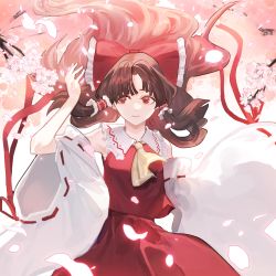 Rule 34 | 1girl, arm up, ascot, backlighting, blouse, bow, branch, brown hair, cherry blossoms, detached sleeves, frills, glowing, glowing petals, hair bow, hair tubes, hakurei reimu, highres, kotaro-nosuke, long hair, looking to the side, petals, red bow, red eyes, red shirt, red skirt, ribbon-trimmed sleeves, ribbon trim, shirt, simple background, skirt, skirt set, solo, touhou, white background, wide sleeves, wind