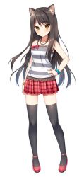 Rule 34 | 1girl, animal ear fluff, animal ears, bare shoulders, black thighhighs, blue scrunchie, bow, breasts, brown eyes, brown hair, camisole, dog ears, full body, hand on own hip, jewelry, long hair, mauve, necklace, official art, original, plaid, plaid skirt, pleated skirt, polka dot, polka dot scrunchie, red bow, red footwear, red skirt, scrunchie, shoes, simple background, skirt, small breasts, solo, standing, striped, striped camisole, thighhighs, very long hair, white background, wrist scrunchie