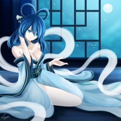 Rule 34 | 1girl, absurdres, artist name, bare shoulders, blue eyes, blue hair, bracelet, breasts, cleavage, closed mouth, dress, floral print, full moon, hagoromo, hair between eyes, hair ornament, hair stick, half-closed eyes, hand in own hair, highres, hisin, indoors, japanese clothes, jewelry, kaku seiga, kimono, long hair, medium breasts, moon, necklace, night, night sky, obi, sash, shawl, side slit, sitting, sky, smile, solo, strapless, strapless dress, thighs, touhou, yokozuwari