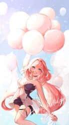 Rule 34 | 1girl, absurdres, balloon, bare shoulders, black shorts, blue eyes, blue sky, breasts, cleavage, cloud, cloudy sky, dress, elf, elysia (honkai impact), elysia (miss pink elf) (honkai impact), english text, hair between eyes, happy birthday, highres, holding, holding balloon, honkai (series), honkai impact 3rd, large breasts, looking at viewer, mofumanju, official alternate costume, pink hair, pink pupils, pointy ears, shorts, sky, sleeveless, sleeveless dress, smile, solo, teeth, thighhighs, two-tone dress, white thighhighs