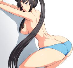 Rule 34 | 1girl, against wall, ass, black hair, blue eyes, blue panties, breasts, butt crack, fate/grand order, fate (series), hair censor, hair over breasts, huge ass, jadf, large breasts, long hair, looking at viewer, narrow waist, nipples, panties, parted lips, solo, thick thighs, thighs, underwear, ushiwakamaru (fate), very long hair