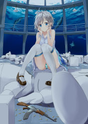 Rule 34 | .live, 1girl, absurdres, antenna hair, bare shoulders, blue skirt, blush, breasts, brown footwear, cartridge, ceiling light, closed eyes, collarbone, death, dolphin, fujisaki ribbon, full body, gun, hands on own cheeks, hands on own face, highres, indoors, knees together feet apart, mary janes, medium breasts, panties, pantyshot, plaid, plaid shirt, plaid skirt, rifle, scrunchie, shirt, shoes, short hair, silver hair, dennou shoujo siro, sitting, skirt, sleeveless, sleeveless shirt, solo, striped clothes, striped panties, tareme, thighhighs, thighs, underwear, upskirt, virtual youtuber, water, weapon, weapon request, white scrunchie, white thighhighs, wrist scrunchie