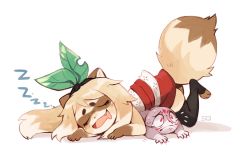 Rule 34 | 1girl, animal ears, black thighhighs, drooling, closed eyes, fang, fox, from side, furry, furry female, hair ornament, hairband, highres, leaf hair ornament, mouth drool, original, raccoon ears, raccoon tail, signature, simple background, sleeping, smile, squash, sui (suizilla), tail, tamiko (sui (suizilla)), thighhighs, toeless legwear, white background, wide sleeves, zzz