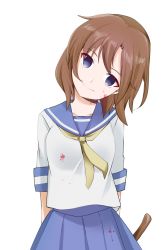 Rule 34 | 1girl, arms behind back, blood, blood on clothes, blood on face, blue eyes, blue sailor collar, blue skirt, brown hair, closed mouth, collarbone, collared shirt, head tilt, higurashi no naku koro ni, holding, holding weapon, long hair, looking at viewer, neckerchief, no pupils, pleated skirt, ryuuguu rena, sailor collar, sailor shirt, shirt, short sleeves, simple background, skirt, smile, solo, standing, tonogai yoshiki, weapon, white background, white shirt, yellow neckerchief