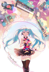 Rule 34 | 1girl, absurdres, ahoge, aqua eyes, aqua hair, artist name, bare shoulders, black skirt, black thighhighs, cable, colorful, commentary, confetti, cowboy shot, dated, dots, electric guitar, frilled skirt, frills, geometry, guitar, hatsune miku, headphones, headset, highres, holding, holding microphone, instrument, keyboard (instrument), long hair, looking at viewer, making-of available, metronome, microphone, miniskirt, multicolored shirt, open mouth, outstretched arm, phonograph, scrunchie, shirt, skirt, sleeveless, sleeveless shirt, smile, solo, song name, speaker, standing, tell your world (vocaloid), thighhighs, turntable, twintails, very long hair, vocaloid, wrist scrunchie, xiaoben daimao, zettai ryouiki