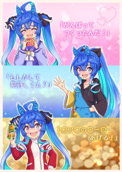 Rule 34 | 1girl, :d, @ @, ^ ^, ahoge, alternate hairstyle, animal ears, aqua background, aqua hair, blue eyes, blue hair, blue shirt, blush, border, bow, bowtie, casual, censored, closed eyes, commentary request, crossed bangs, drawstring, facing viewer, food, gift, hair bow, hand in pocket, hand on own hip, hand up, hands up, heart, heterochromia, highres, holding, holding food, holding gift, hood, hoodie, horse ears, horse girl, jacket, koala no march, long hair, long sleeves, looking at viewer, monmonmur, mosaic censoring, multicolored clothes, multicolored hair, multicolored hoodie, multiple views, open mouth, outline, outside border, pink background, ponytail, purple eyes, purple sailor collar, raised eyebrows, red jacket, sailor collar, school uniform, sharp teeth, shirt, sidelocks, sleeves past elbows, smile, sparkle, striped bow, teeth, tracen school uniform, tracen training uniform, track jacket, translation request, twin turbo (umamusume), twintails, two-tone hair, umamusume, upper body, upper teeth only, valentine, very long hair, waving, white bow, white bowtie, white outline, wide sleeves, yellow background