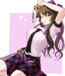 Rule 34 | 1girl, black necktie, blush, brown eyes, brown hair, cellphone, checkered clothes, checkered skirt, closed mouth, collared shirt, hair between eyes, hat, highres, himekaidou hatate, holding, holding phone, long hair, necktie, nr myt, one eye closed, phone, puffy short sleeves, puffy sleeves, purple hat, shirt, short sleeves, skirt, solo, tokin hat, touhou, twintails, two-tone background, white shirt
