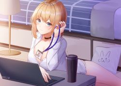 Rule 34 | 1girl, absurdres, arm up, bad id, bad pixiv id, bed, bedroom, between breasts, blonde hair, blue eyes, blue panties, breasts, choker, cleavage, computer, dress shirt, drinking straw, elbow rest, highres, jayamon, lamp, lanyard, laptop, large breasts, long sleeves, looking at viewer, name tag, no pants, original, panties, partially unbuttoned, pillow, shirt, short hair, sitting, skindentation, solo, table, thermos, underwear, white shirt, yokozuwari