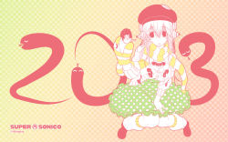 Rule 34 | 10s, 1girl, 2013, beret, cardigan, character name, checkered background, chinese zodiac, doughnut, flat color, food, frilled skirt, frills, hand puppet, hat, headphones, highres, leg warmers, legs folded, lineart, new year, nitroplus, official art, official wallpaper, partially colored, patterned background, polka dot, polka dot skirt, puppet, scarf, skirt, snake, snake (chinese zodiac), solo, striped clothes, striped scarf, super sonico, sweater, wallpaper, winter clothes