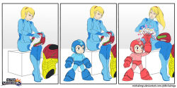 Rule 34 | 1boy, 1girl, alternate color, armor, artist name, artist request, blonde hair, blush, boots, bouquet, breasts, cleaning, crossover, flower, helmet, large breasts, looking down, mega man (character), mega man (series), metroid, nintendo, plugsuit, ponytail, rose, samus aran, serious, sitting, size difference, super smash bros., super smash bros wii u, tall female, towel, white background