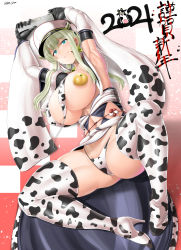 Rule 34 | 1girl, animal print, armpits, arms up, ass, black gloves, blonde hair, blue eyes, blush, breasts, cow print, detached sleeves, gloves, graf zeppelin (kancolle), hat, helmet, highres, kantai collection, large breasts, long hair, looking at viewer, military hat, revealing clothes, saizu nitou gunsou, smile, solo, spread legs, thighhighs