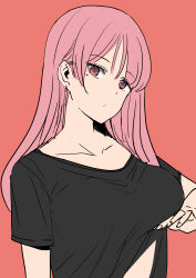 Rule 34 | 1girl, :/, black shirt, breast lift, breasts, collarbone, copyright request, earrings, expressionless, female focus, h2o (ddks2923), hair behind ear, highres, jewelry, large breasts, long hair, looking at viewer, mole, mole under eye, pink hair, red background, red eyes, shirt, short sleeves, simple background, solo, upper body