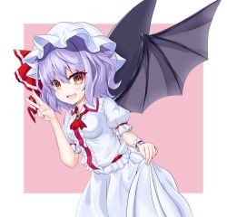 Rule 34 | 1girl, :d, ascot, bat wings, black wings, blue brooch, breasts, center frills, collared shirt, cowboy shot, fang, frilled shirt, frills, hair between eyes, hat, highres, leaning forward, medium breasts, mob cap, open mouth, puffy short sleeves, puffy sleeves, purple hair, red ascot, red eyes, remilia scarlet, s vileblood, shirt, short sleeves, skirt, skirt hold, smile, solo, touhou, v, white hat, white shirt, white skirt, wings, wrist cuffs