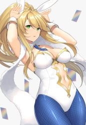 Rule 34 | 1girl, absurdres, animal ears, armpits, arms up, artoria pendragon (all), artoria pendragon (fate), artoria pendragon (swimsuit ruler) (fate), bare shoulders, blonde hair, breasts, cleavage, clothing cutout, collarbone, commentary request, cowboy shot, crown, detached collar, eyes visible through hair, fake animal ears, fate/grand order, fate (series), fishnet pantyhose, fishnets, green eyes, hair between eyes, highres, leotard, long hair, looking at viewer, medium breasts, navel, navel cutout, necktie, open mouth, pantyhose, playboy bunny, ponytail, rabbit ears, rabbit pose, simple background, sleeveless, solo, standing, suiroh (shideoukami), white background, wrist cuffs