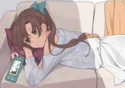 Rule 34 | 1girl, akigumo (kancolle), brown hair, casual, commentary request, couch, cowboy shot, dress, green eyes, hair ribbon, handheld game console, ichiroku (sakumogu-029), kantai collection, long hair, lying, nintendo switch, off shoulder, on stomach, polka dot, polka dot ribbon, ponytail, ribbon, solo, white dress