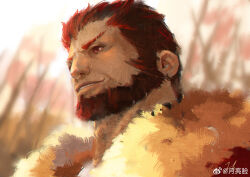 Rule 34 | 1boy, absurdres, adam&#039;s apple, beard, cape, facial hair, fate/grand order, fate (series), highres, iskandar (fate), light smile, looking ahead, male focus, mature male, portrait, red eyes, red hair, short hair, smile, solo, square face, thick neck, yueliang lian (1570050215)