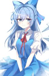 Rule 34 | 1girl, alternate hair length, alternate hairstyle, bad id, bad twitter id, blue bow, blue eyes, blue hair, blue skirt, blue vest, blush, bow, cirno, closed mouth, collared shirt, fairy, hair between eyes, hair bow, highres, ice, ice wings, kitty, long hair, looking at viewer, own hands together, puffy short sleeves, puffy sleeves, red neckwear, shirt, short sleeves, simple background, skirt, smile, solo, touhou, upper body, v arms, vest, white background, white shirt, wings