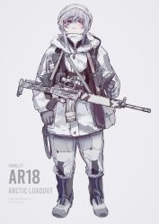 Rule 34 | 1girl, absurdres, alma01, ar-18, assault rifle, blush, boots, closed mouth, dated, english text, full body, gloves, grey footwear, grey gloves, grey hair, gun, hair between eyes, hat, highres, hood, hood down, hooded jacket, jacket, long sleeves, looking at viewer, mole, mole under eye, one eye closed, original, pants, purple eyes, rifle, scope, shaka sign, short hair, simple background, smile, solo, standing, weapon, white background, white hat, winter clothes