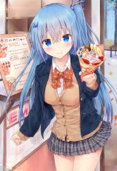Rule 34 | 1girl, autumn leaves, banana, banana slice, berry, blazer, blouse, blue eyes, blue hair, blue ribbon, blueberry, blush, bow, bowtie, breasts, buttons, cardigan, closed mouth, collared shirt, cowboy shot, crepe, day, dress shirt, emori miku, feeding, fingernails, food, fruit, grey skirt, hair ornament, hair ribbon, hairclip, heart, heart print, highres, holding, holding food, incoming food, indoors, jacket, leaf, lens flare, light particles, liver city, long hair, long sleeves, looking at viewer, maple leaf, maruma (maruma gic), medium breasts, menu board, miniskirt, official art, one side up, plaid, plaid skirt, pleated skirt, pov feeding, raspberry, red bow, red bowtie, ribbon, school uniform, shirt, skirt, sleeves past wrists, smile, solo, standing, strawberry, striped bow, striped bowtie, striped clothes, striped neckwear, very long hair, whipped cream, white shirt, wing collar