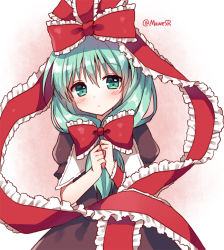Rule 34 | 1girl, arm ribbon, bow, brown dress, closed mouth, cowboy shot, dress, frilled bow, frilled ribbon, frills, front ponytail, green eyes, green hair, kagiyama hina, long hair, looking at viewer, mauve, one-hour drawing challenge, own hands together, puffy short sleeves, puffy sleeves, red bow, red ribbon, ribbon, short sleeves, solo, standing, touhou, twitter username