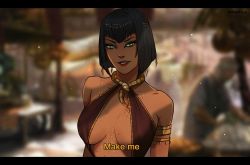 Rule 34 | 1girl, aisha nejem, ammatice, armlet, warrior of light (ff14), blurry, bob cut, breasts, brown dress, brown eyes, chain, collarbone, commentary, commission, dark-skinned female, dark skin, depth of field, dress, egyptian, english commentary, english text, eyeliner, eyeshadow, fake screenshot, fang, fictional persona, final fantasy, final fantasy xiv, gold chain, green eyeshadow, hyur, jewelry, lips, lipstick, looking at viewer, makeup, medium breasts, necklace, no bra, plunging neckline, short hair, soft focus, solo, subtitled