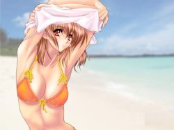 Rule 34 | 1girl, arms up, beach, bikini, bikini top only, breasts, brown hair, cleavage, day, long hair, nas-o, non-web source, orange eyes, outdoors, solo, swimsuit, undressing, wallpaper